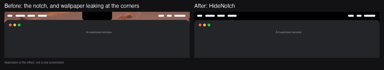 Before: the notch with wallpaper showing at the corners. After: a solid black menu bar.